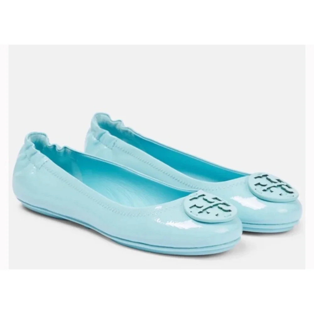Tory Burch Eleanor Ballet Flats Light Blue Patent Leather Logo Size 7.5